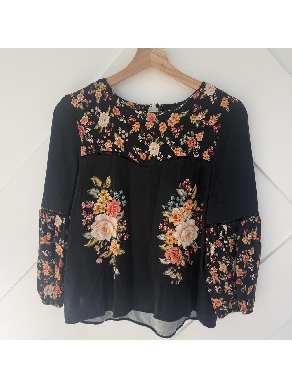 Farm Rio for Anthropologie Black Floral Viscose Blouse XS